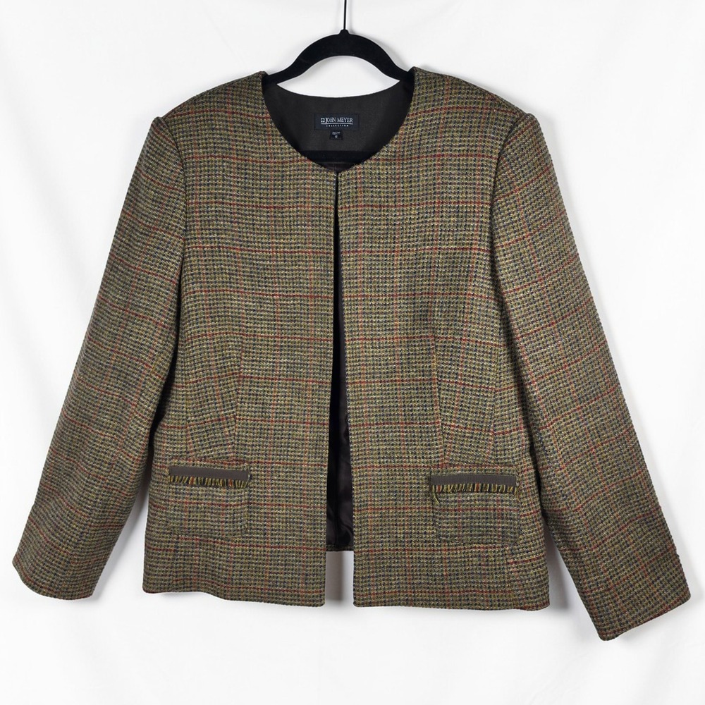 VTG John Meyer Collection Blazer Woman 16 Wool Plaid Collarless Jacket Brown Red